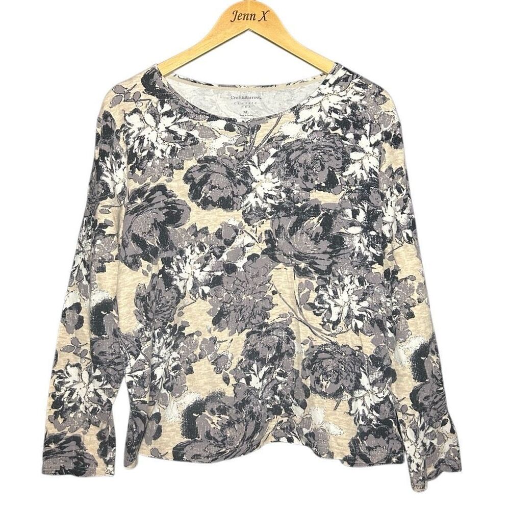Croft & Barrow Gray Long Sleeve Classic Tee Shirt Size XL Floral Pullover